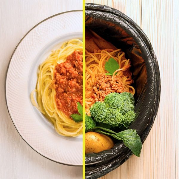 Split image of a plate of spaghetti bolognese beside the same meal and vegetables thrown in a bin