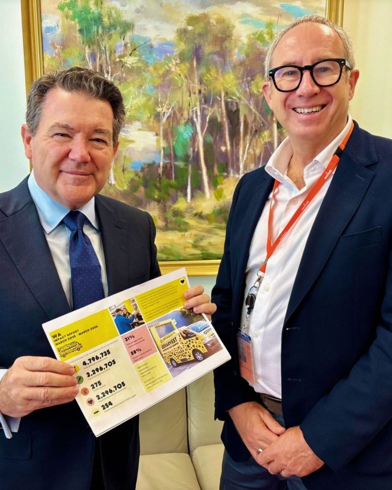 Two men smiling and holding an OzHarvest WA impact report in an office before a landscape painting