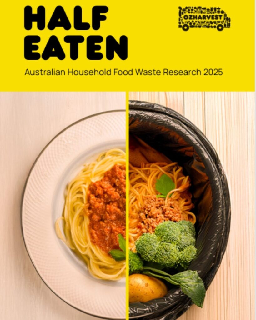 Half Eaten Australian Household Food Waste Research 2025 cover showing a pasta plate beside a bin of food